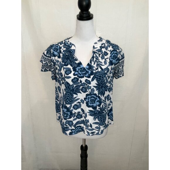 Rachel Zoe Floral Print Rayon Blouse Medium Blue & White Short Sleeve Womens Top - Picture 1 of 6